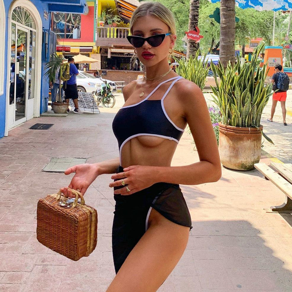 Swimsuit One-Piece Bikini Women Solid Color Swimsuit Mesh Two Piece Set Swimsuit