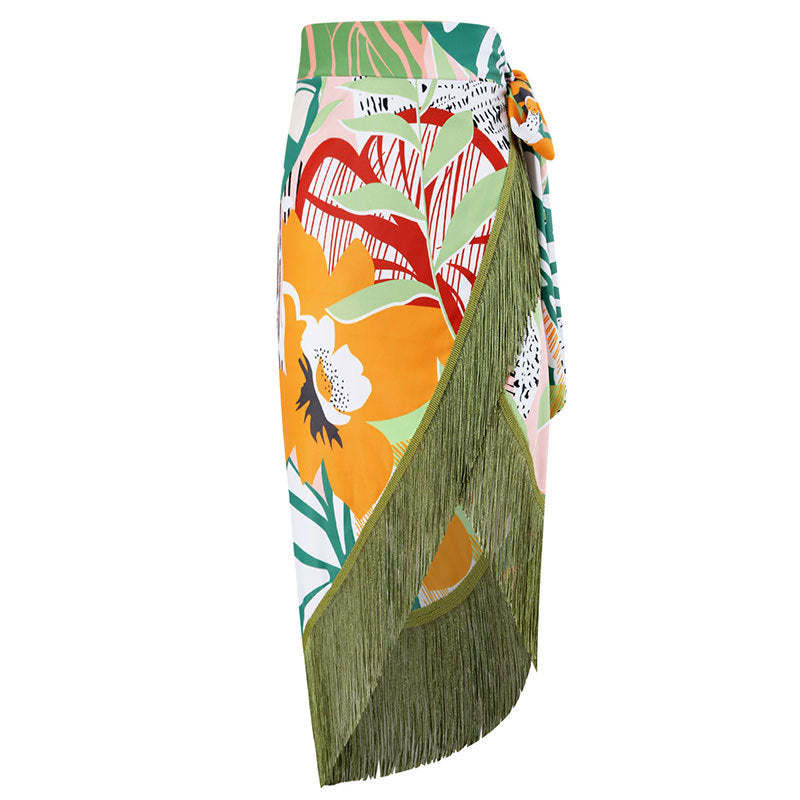 Retro One Piece Swimsuit Women's Conservative Cover Belly Thin Skirt Spring Tassel Beach Skirt Set