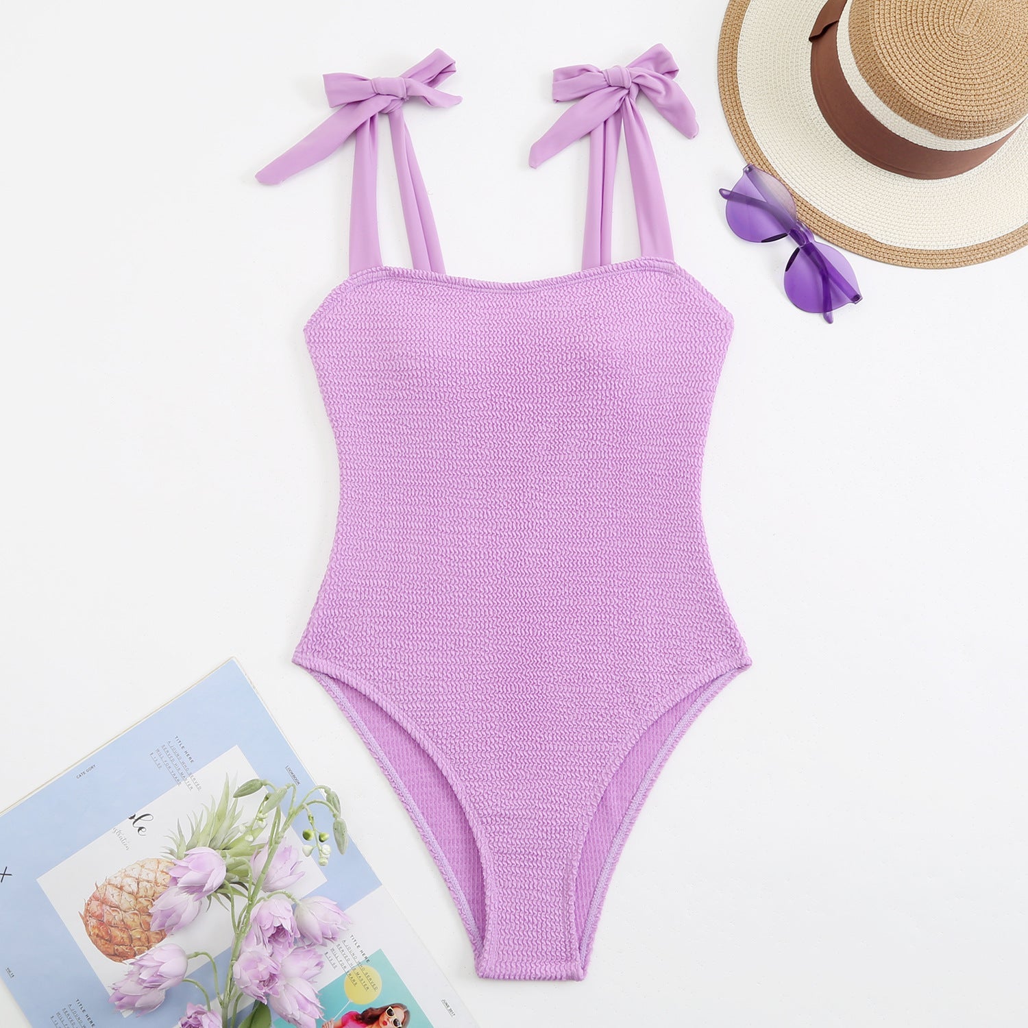 Pleated Wave Cloth One Piece Lace up Swimsuit Swimsuit Bikini