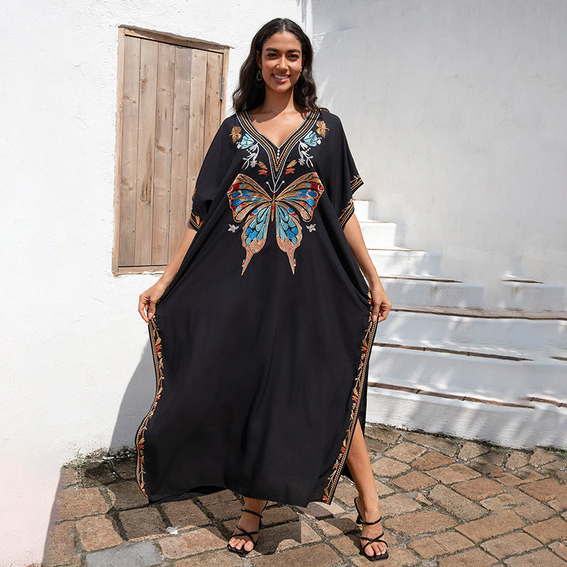 Rayon Embroidered Vacation Loose Beach Maxi Dress Women Beach Cover Up Sun Protective Clothing