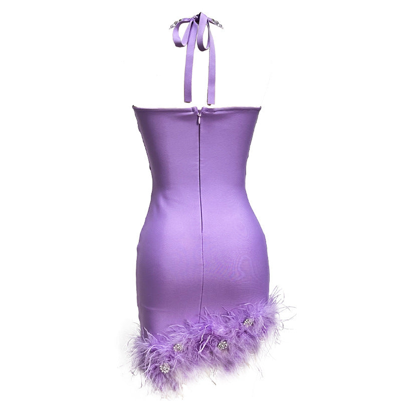 Sexy Halter Diamond Feather Stretch Bandage One Piece Dress Party Dress