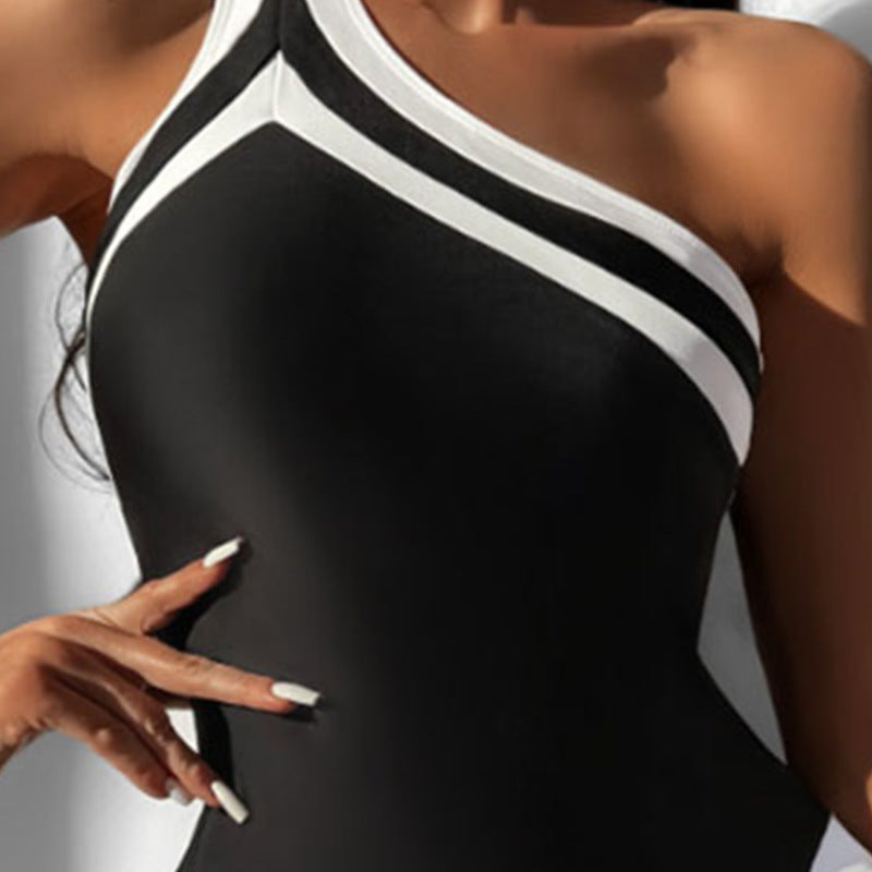 One Shoulder Color Block Jumpsuit Women Cover Belly Conservative Bikini Beach Spring Swimsuit