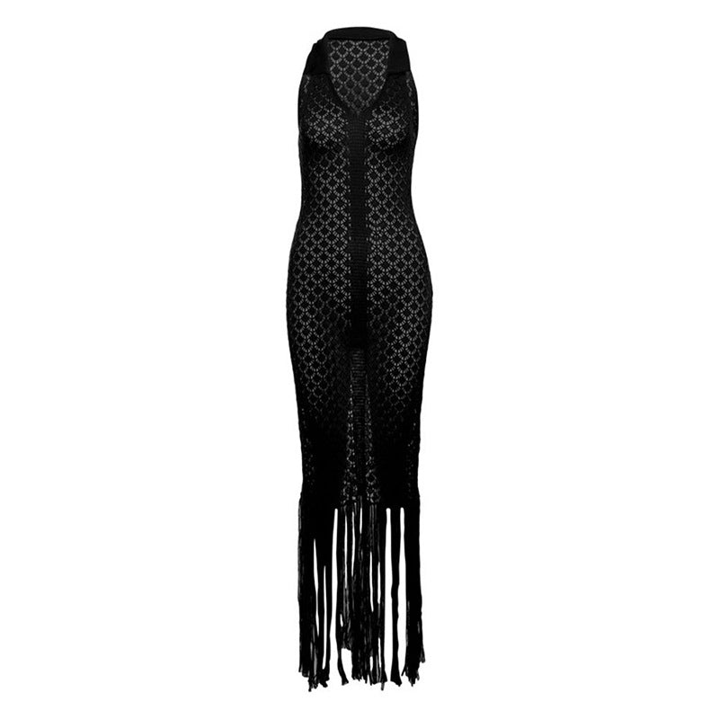 Summer Sexy Hollow Out Cutout out See through Maxi Dress Polo Collar Dress Women Clothing