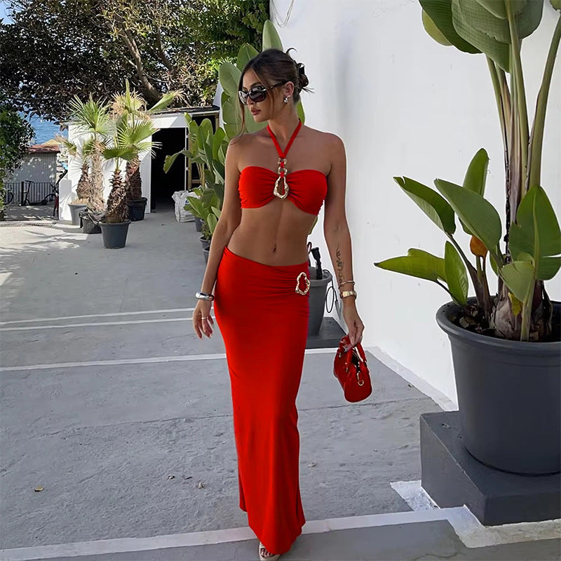 White Halter Bikini Three Piece Sets Sexy Swimsuit Long Skirt Women Split Solid Color Bikini