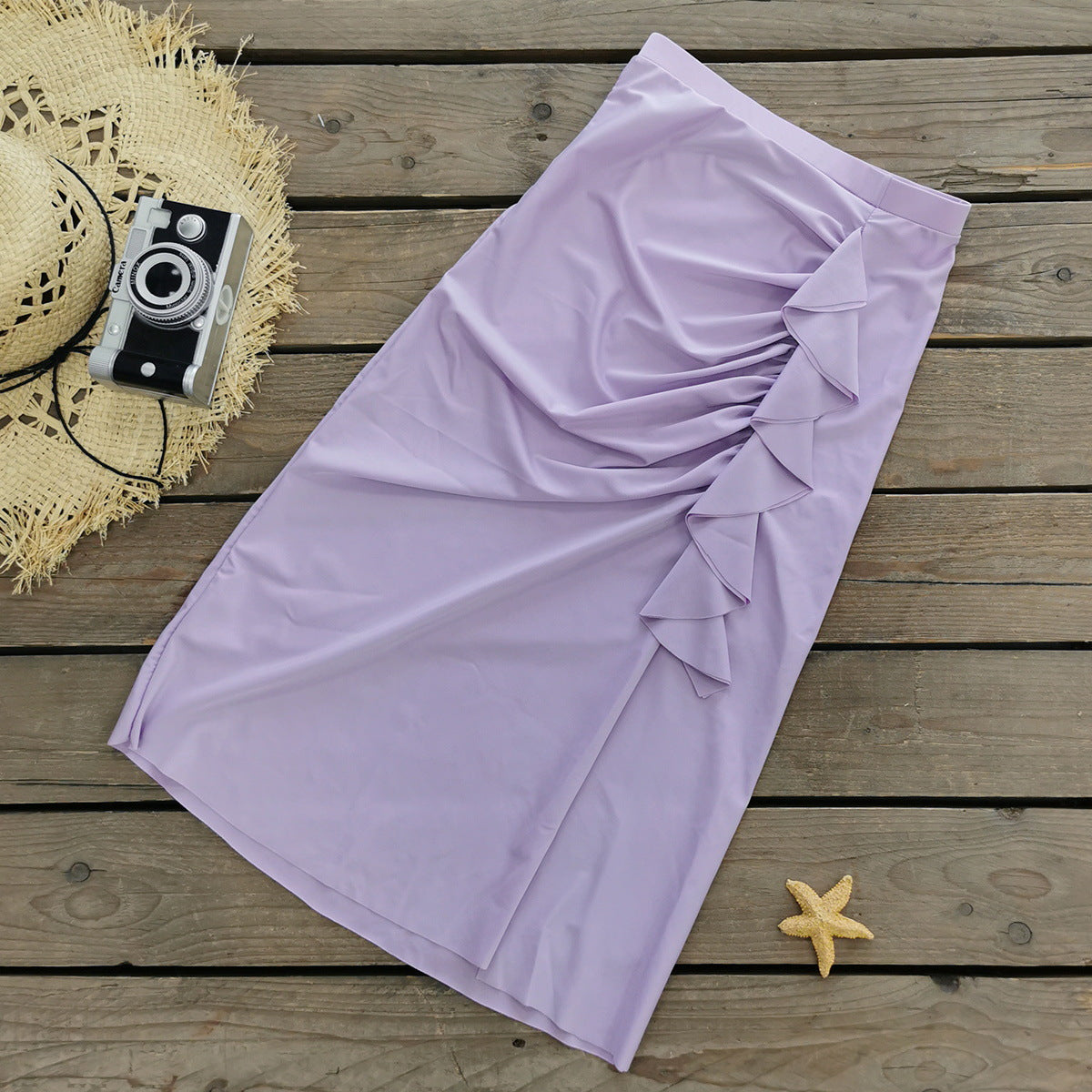 Solid Color Lace up Tube Top High Waist Bikini Skirt Three Piece Set Split Swimsuit for Women