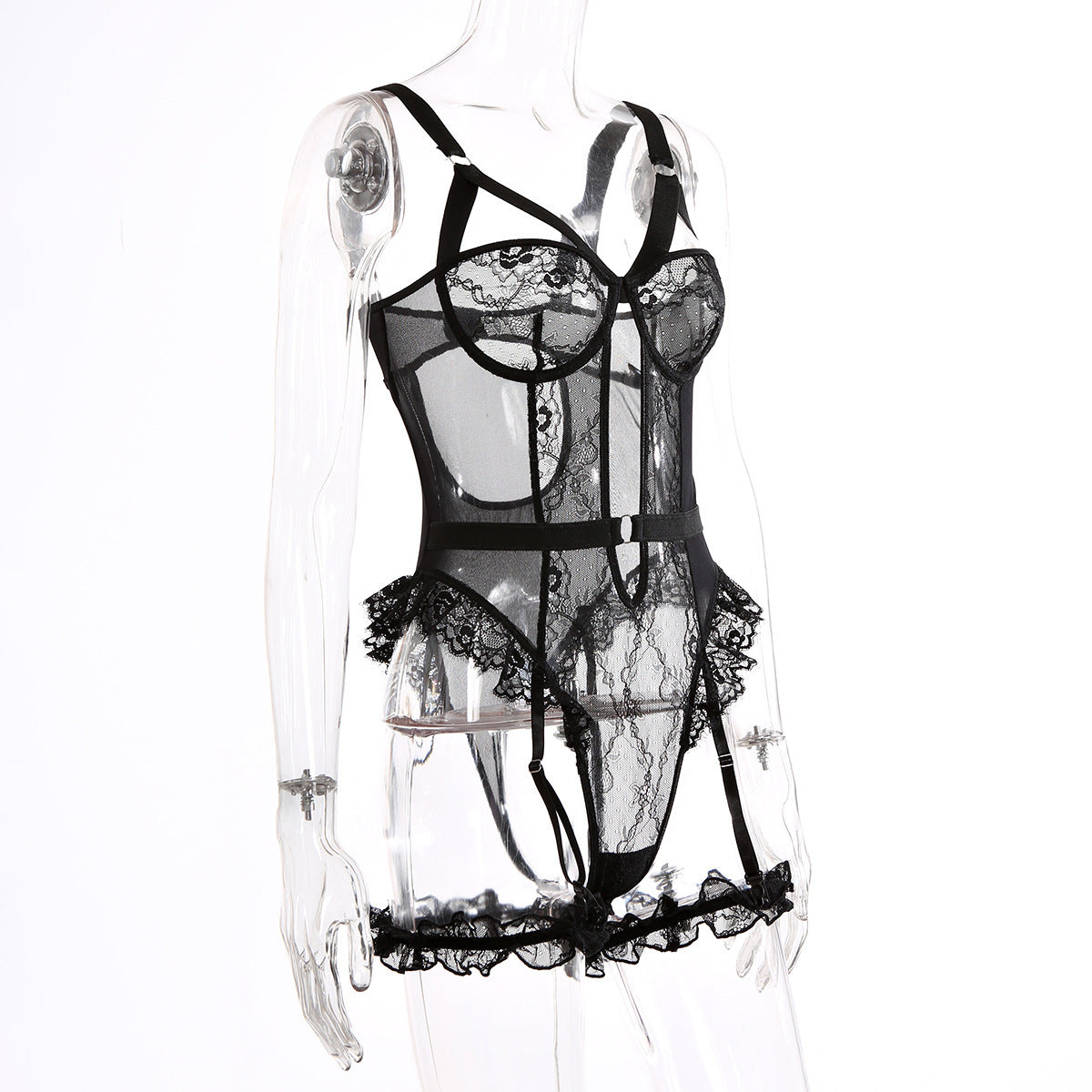 Sexy Lace Lace Cutout See through Sling One Piece Sexy Lingerie Jumpsuit with Leg Ring