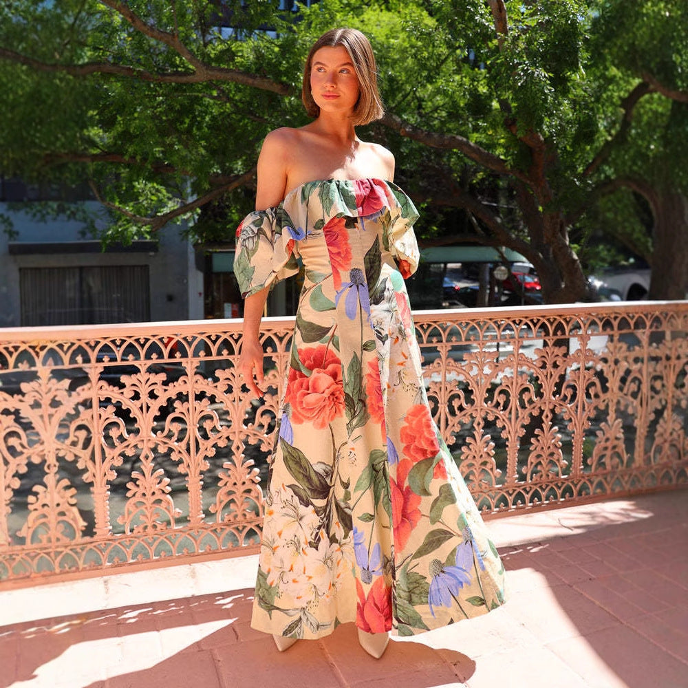 Dress Chiffon Floral Print off Shoulder Beach Dress Seaside Vacation Maxi Dress Women