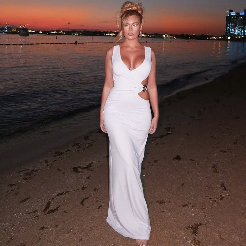 Summer Women Clothing Solid Color V neck Maxi Dress Sexy Cutout Sheath Dress Women