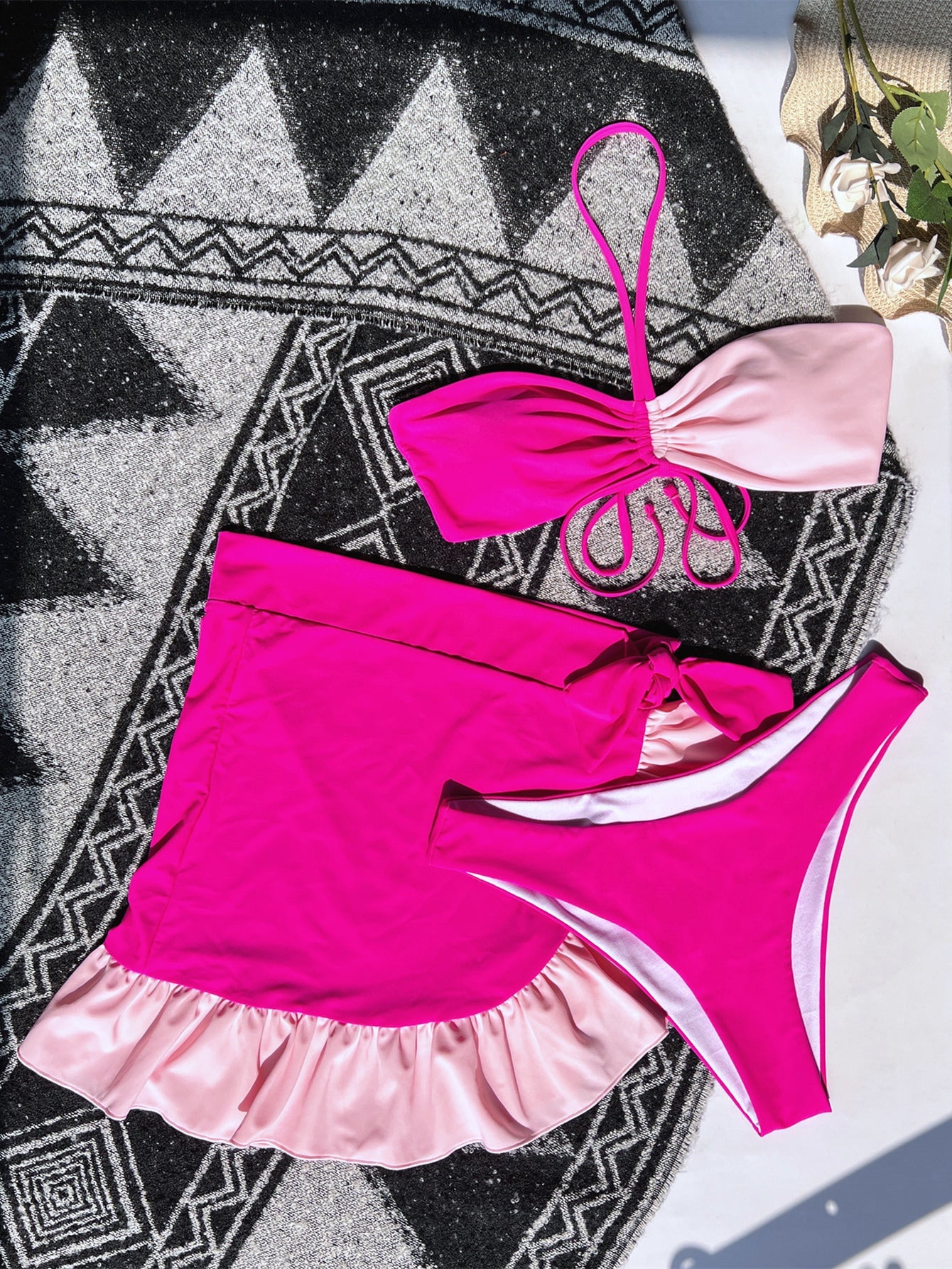 New Three-Piece Set Swimsuit Color Matching Bikini Women Swimsuit Ruffle Swimwear Bikini