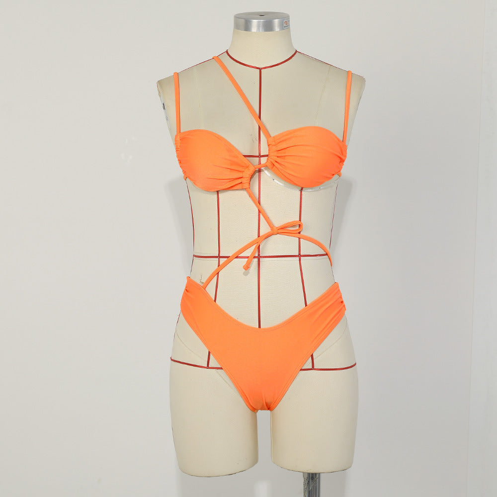 Solid Color Lace up Bikini Sexy Popular Asymmetric Nylon Split Swimsuit for Women