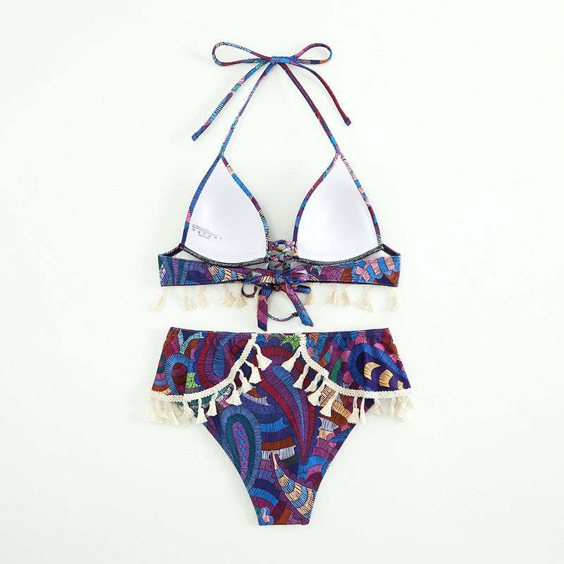 Printed Brazilian Ethnic Halter Lace up Tassel Bikini Women Swimsuit