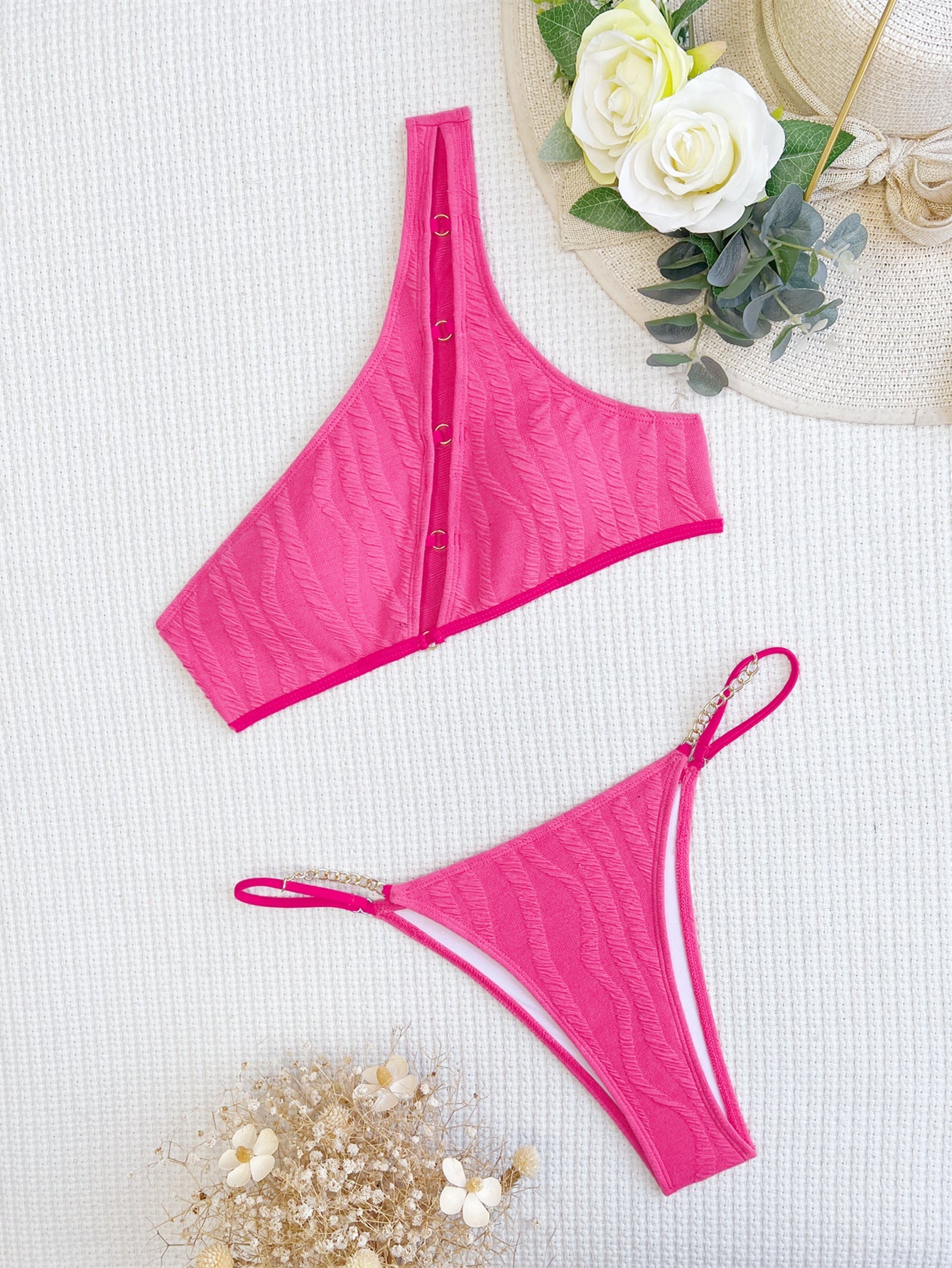 Bikini Double Bikini Open Back Swimsuit One Shoulder Swimsuit Women Sexy Swimsuit Solid Color