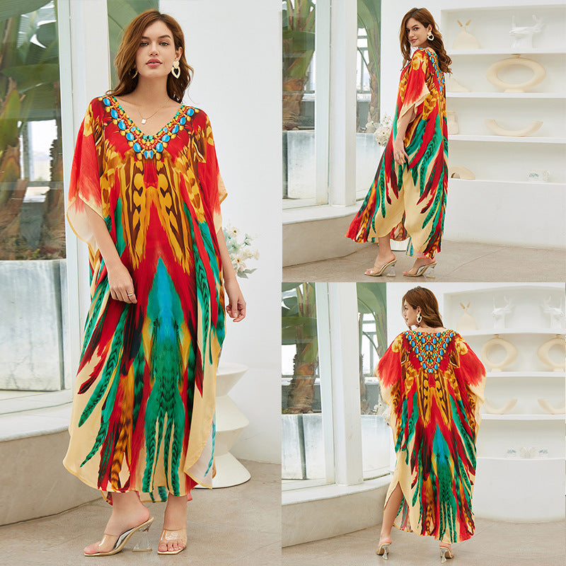 Rayon Printed Loose plus Size Robe Beach Cover up Vacation Maxi Dress Sun Protection Shirt Women