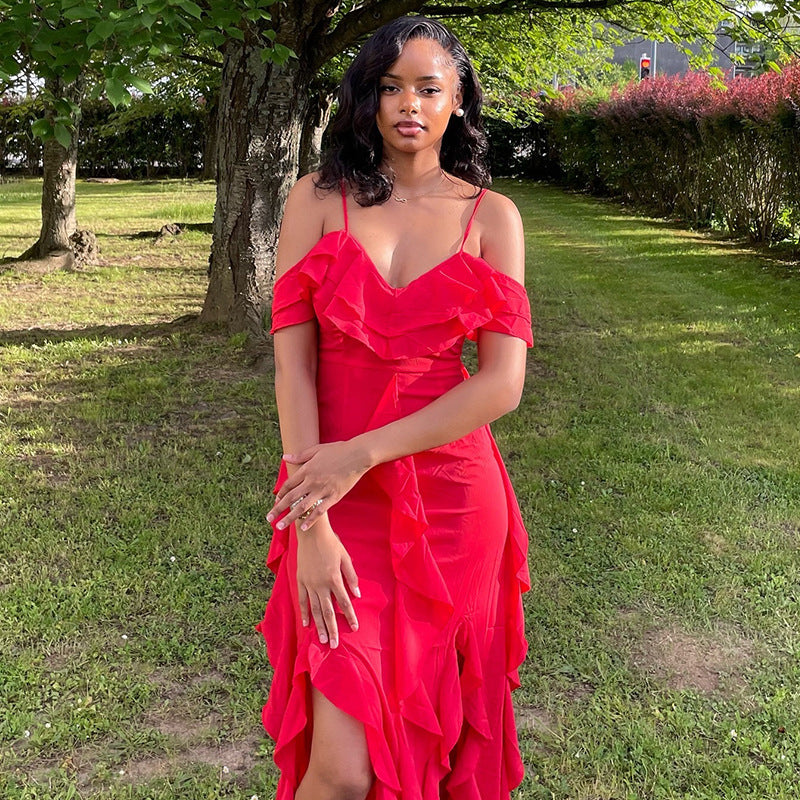 Women Clothing Solid Color Dress Sexy Spaghetti Straps Sleeveless Ruffled Irregular Asymmetric Maxi Dress