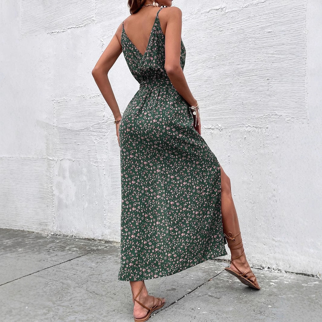 Women Clothes Summer Bohemian Strap Dress Printed Long Slit Maxi Dress