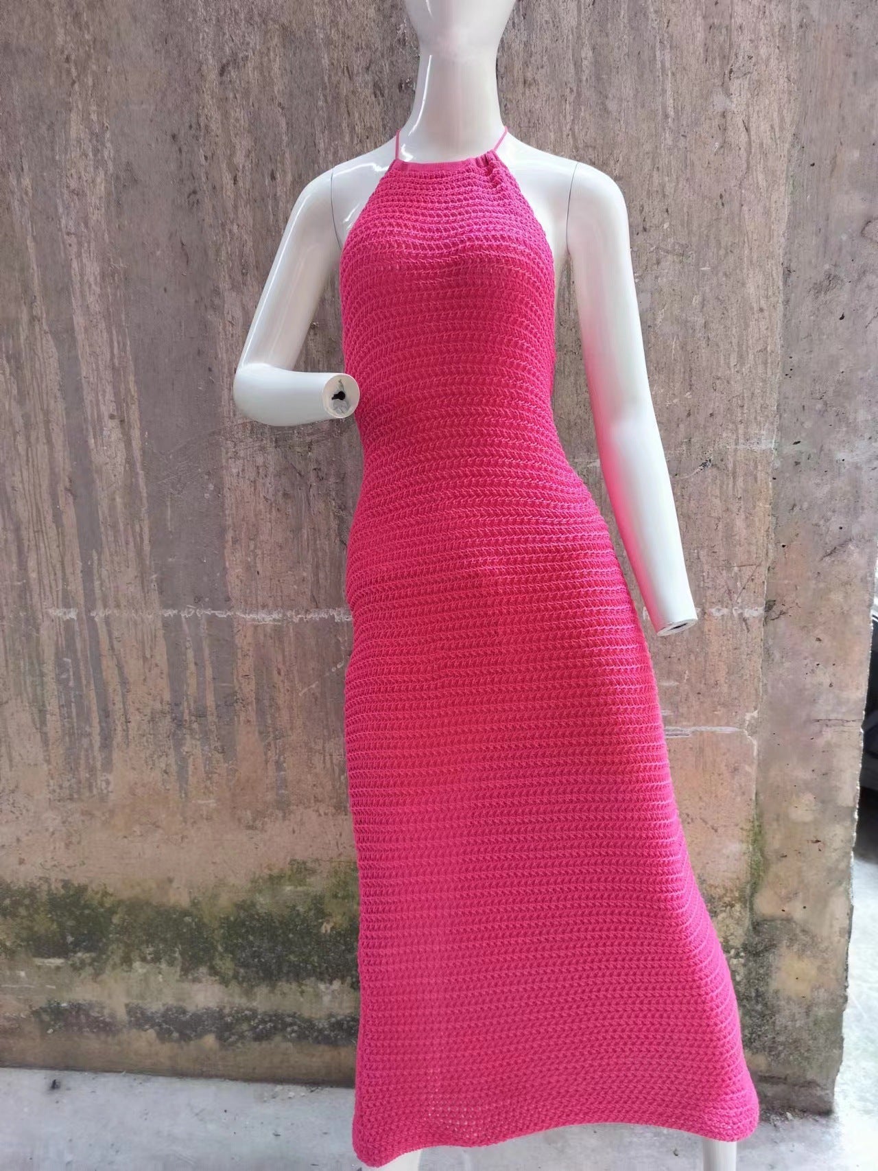 Halter Backless Maxi Dress Knitted Sleeveless Beach Bohemian Long Hollow Out Cutout Dress Women