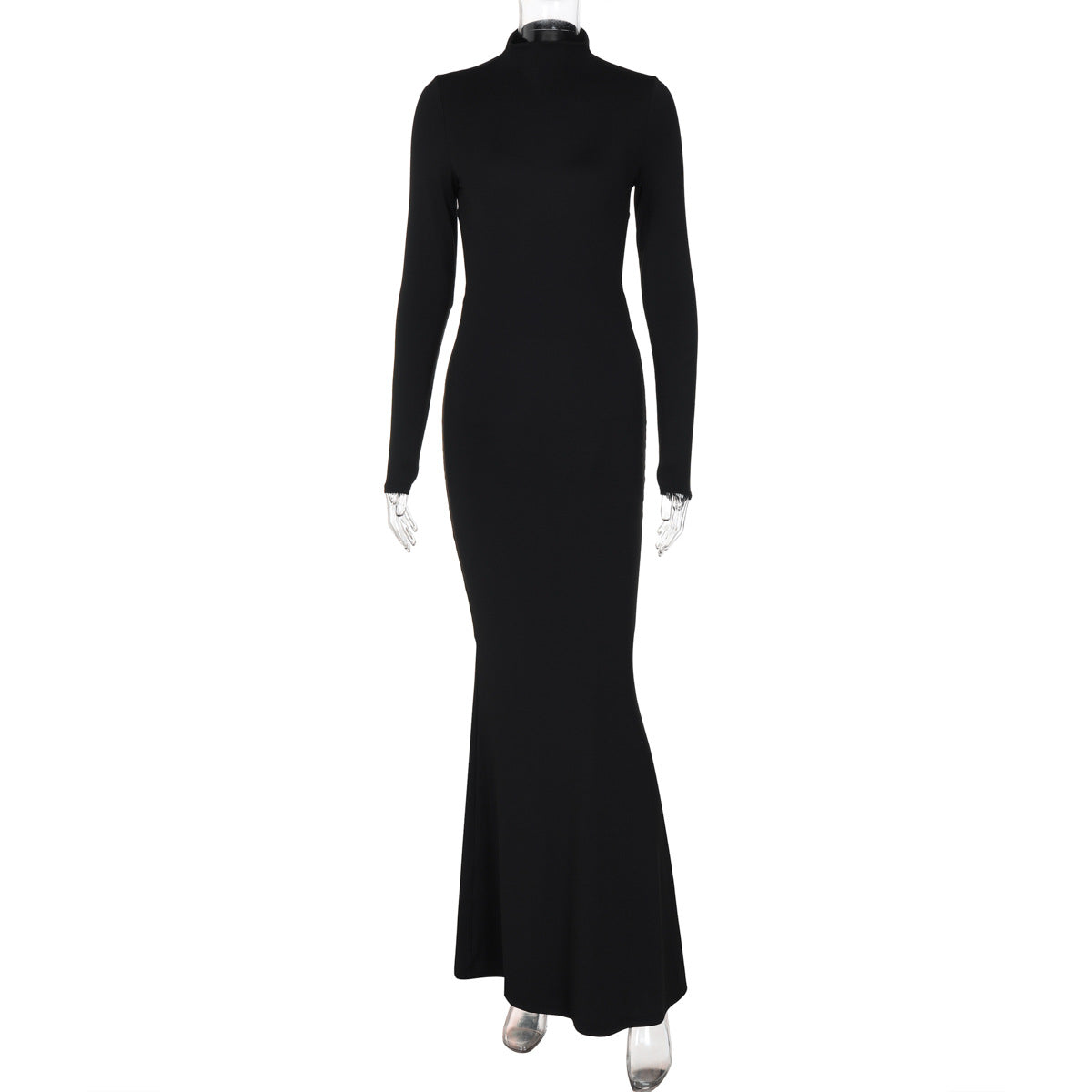 Women Autumn Solid Color Half Collar Long Sleeve Sexy Personalized Bare Back Maxi Dress