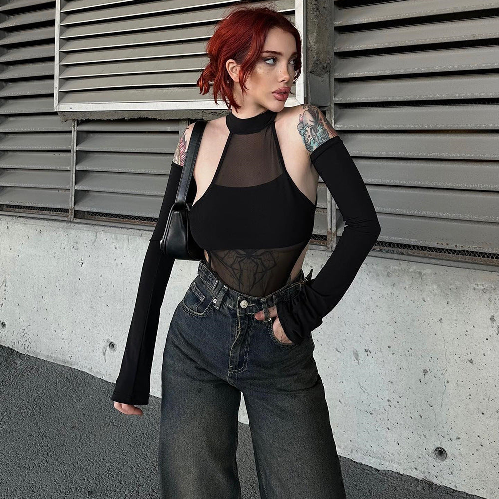 Autumn Winter Sexy Split Long Sleeve Crotch Mesh Hollow Out Cutout High Elastic One Piece Women Top