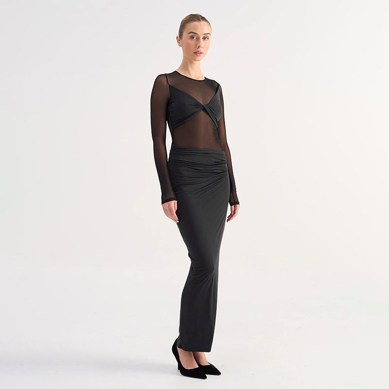 Mesh Stitching Sexy Sheer Long Sleeve Dress Women Maxi Dress