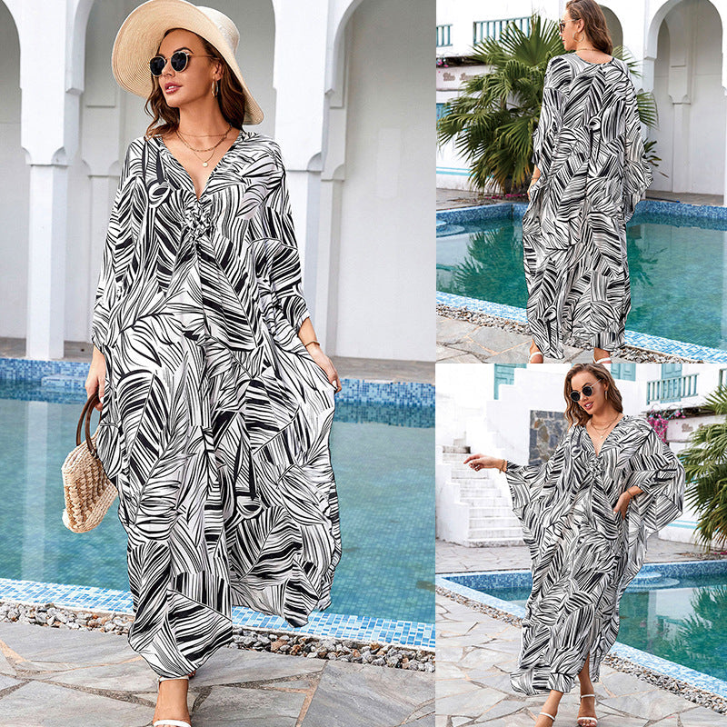Printed Loose Robe Vacation Maxi Dress Women Beach Jacket Beach Cover Up