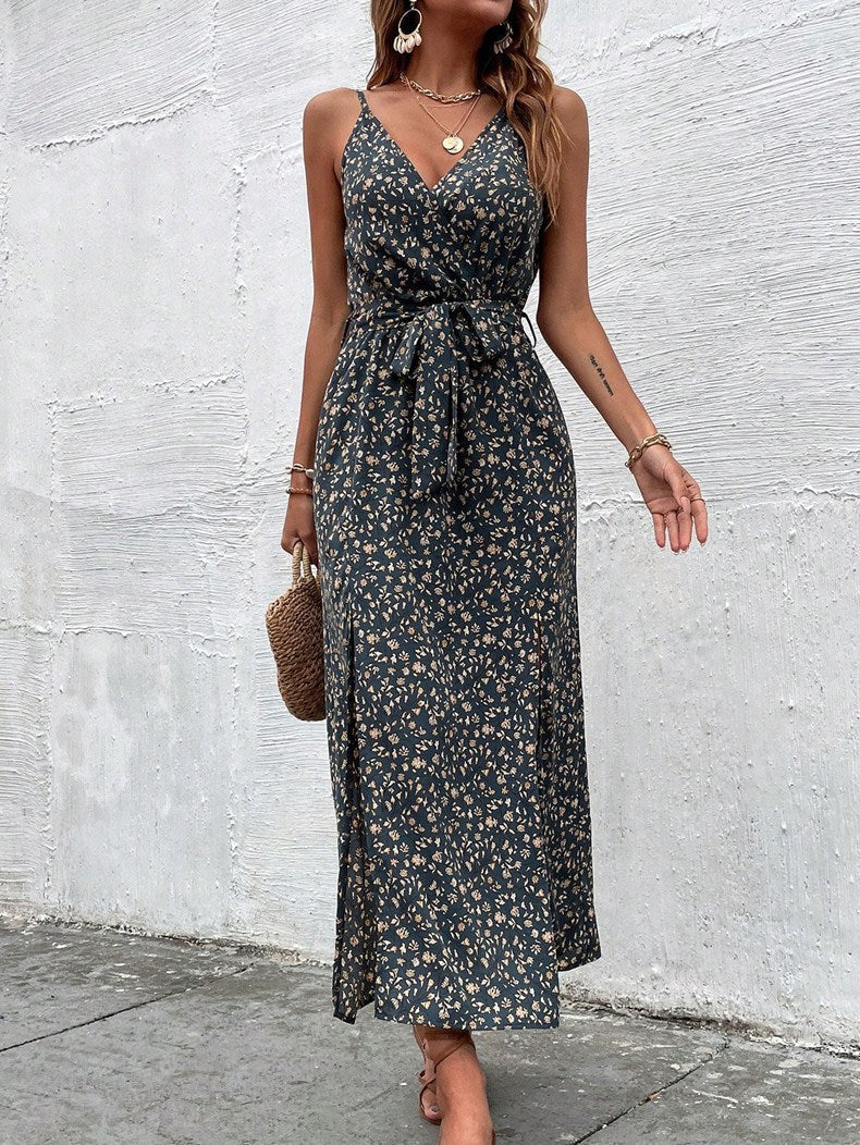 Women Clothes Summer Bohemian Strap Dress Printed Long Slit Maxi Dress