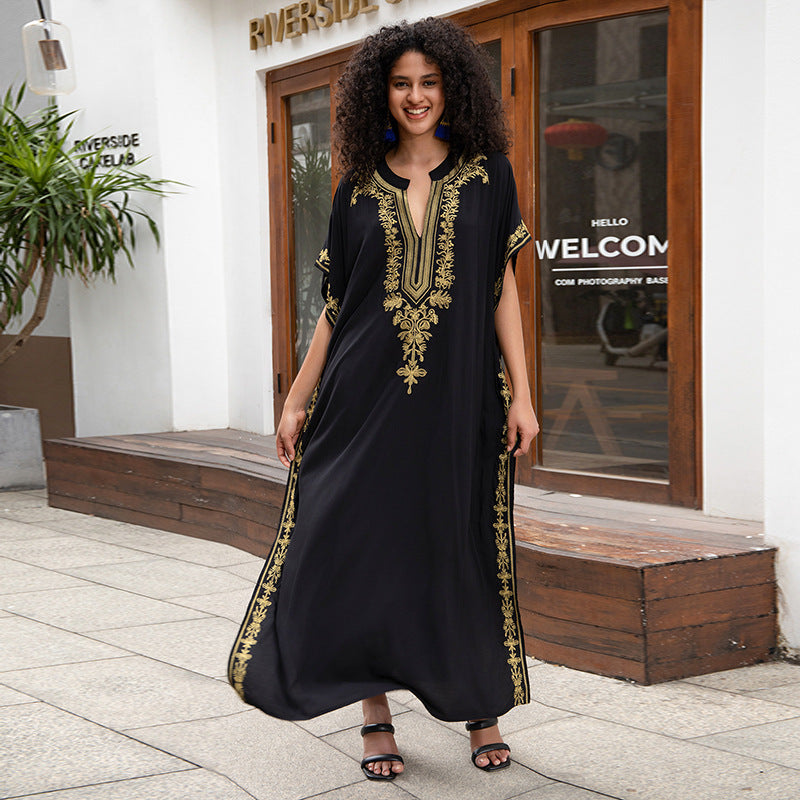 Rayon Embroidered Holiday Loose Jumpsuit Long Robe Beach Sun Protection Maxi Dress Beach Cover Up