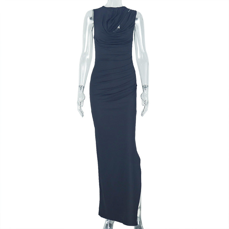 Personalized Pleated Hollow Out Cutout Solid Color Tight Crew Neck Split Maxi Dress Loose Elegant Women Clothing