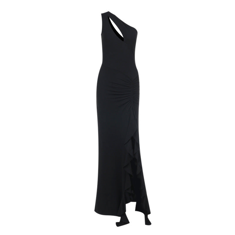 Spring Maxi Dress Elegant Sexy Slim One Shoulder Frill Ribbon Dress