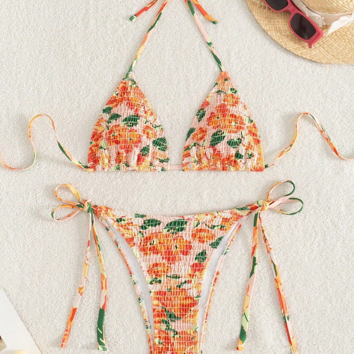 Smocking Sexy Lace up Bikini Split Swimsuit Women Fold Floral Halter Swimsuit Bikini