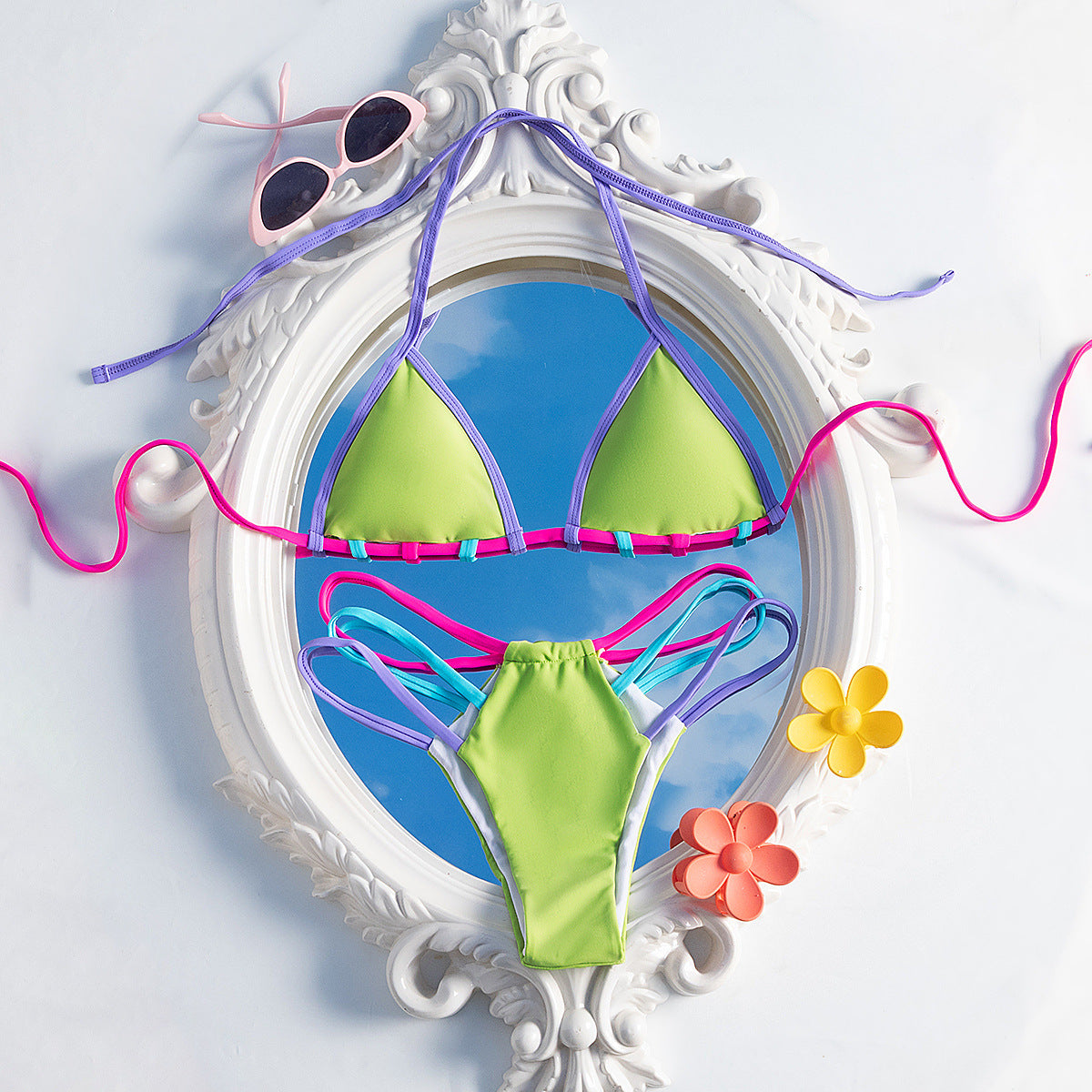 Split Two Piece Set Halter Colorful Ropes Strap Sexy Bikini Swimsuit for Women