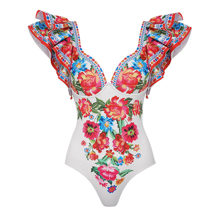Ruffled Slimming Printed One Piece Swimsuit Women