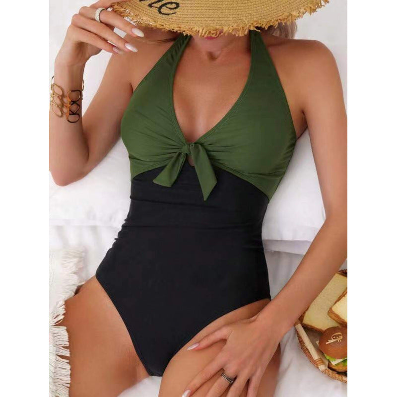 One Piece Solid Color Swimsuit Women Sexy Bikini Bikini Solid Color Tied Swimsuit
