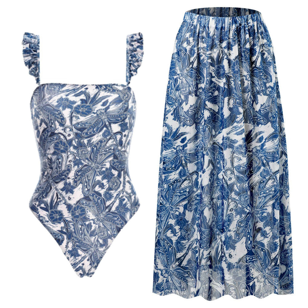 Flying Edge One Piece Women Swimwear European, French Retro Cover Belly Slimming Swimsuit Chiffon Beach Dress