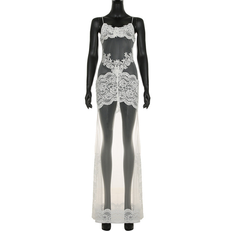 Summer Women Mesh Lace Lace Spaghetti Strap Dress See through Sexy Nightdress Vacation Maxi Dress