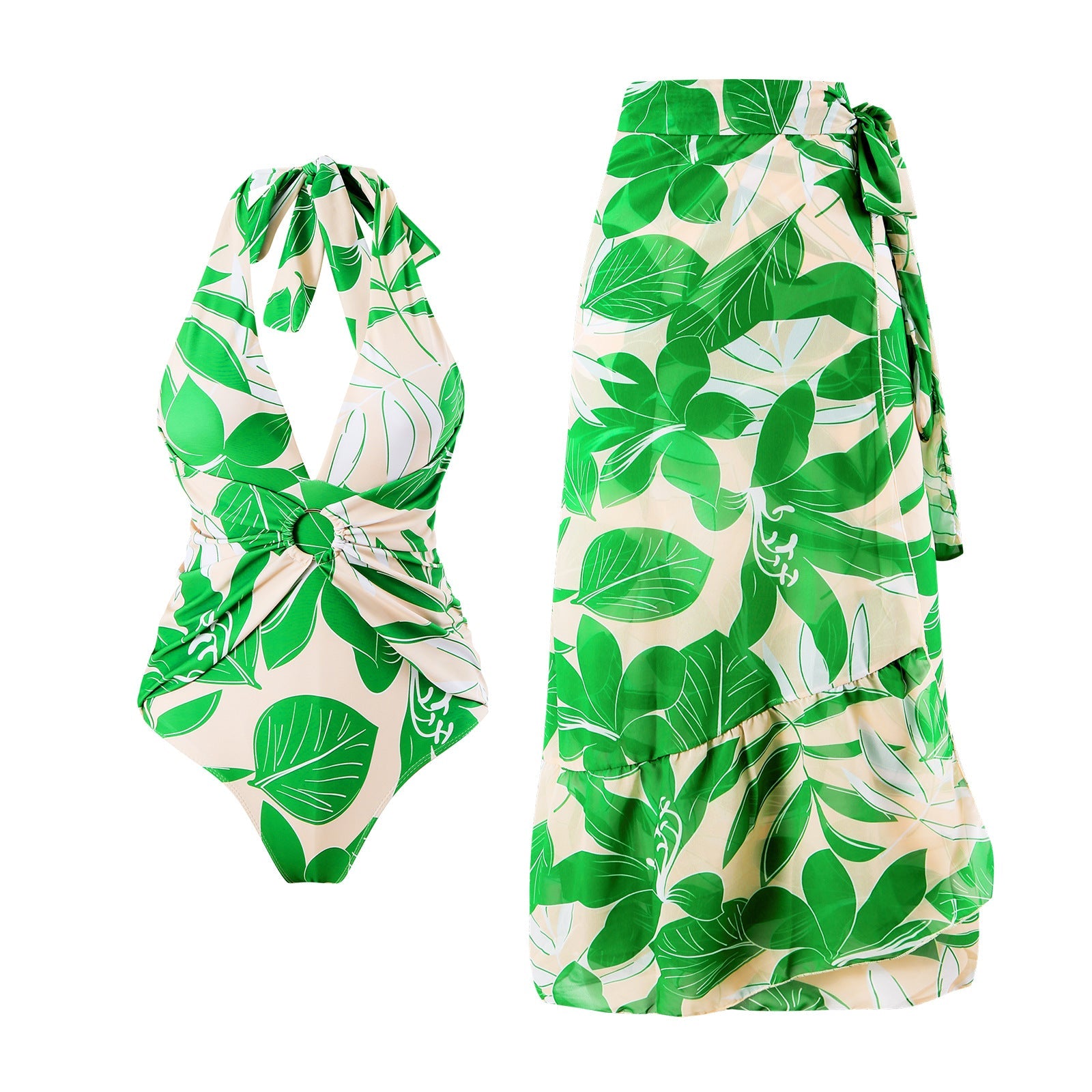 One Piece Swimsuit Women Slimming Retro Swimsuit Green Printing Suit Chiffon Dress