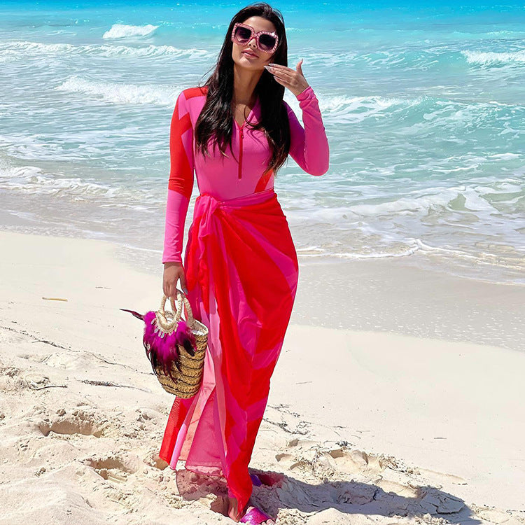 Long Sleeved Printed One Piece Swimsuit Women Surfing Set