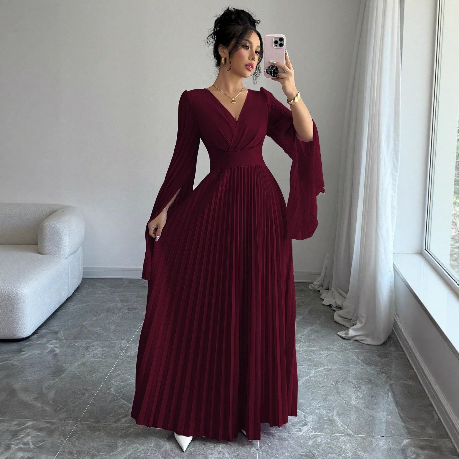 High Waist Maxi Dress Sexy Deep V Plunge Long Sleeve Pleated Bell Sleeve Design Dress
