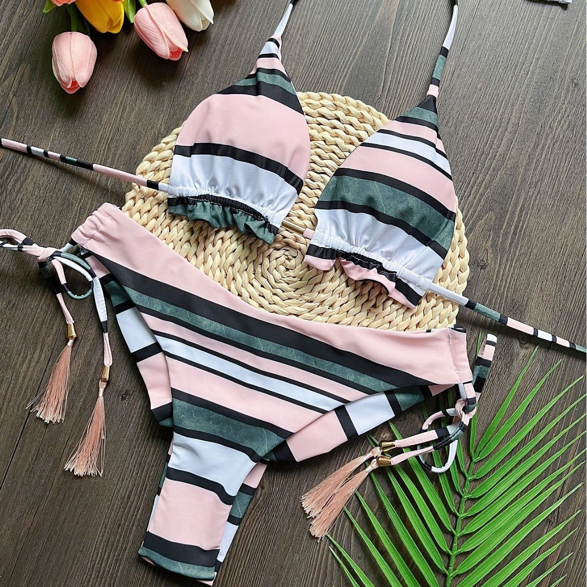 Printed Split Bikini Swimsuit Sexy Braid Rope Triangle Women Swimsuit Swimming Set