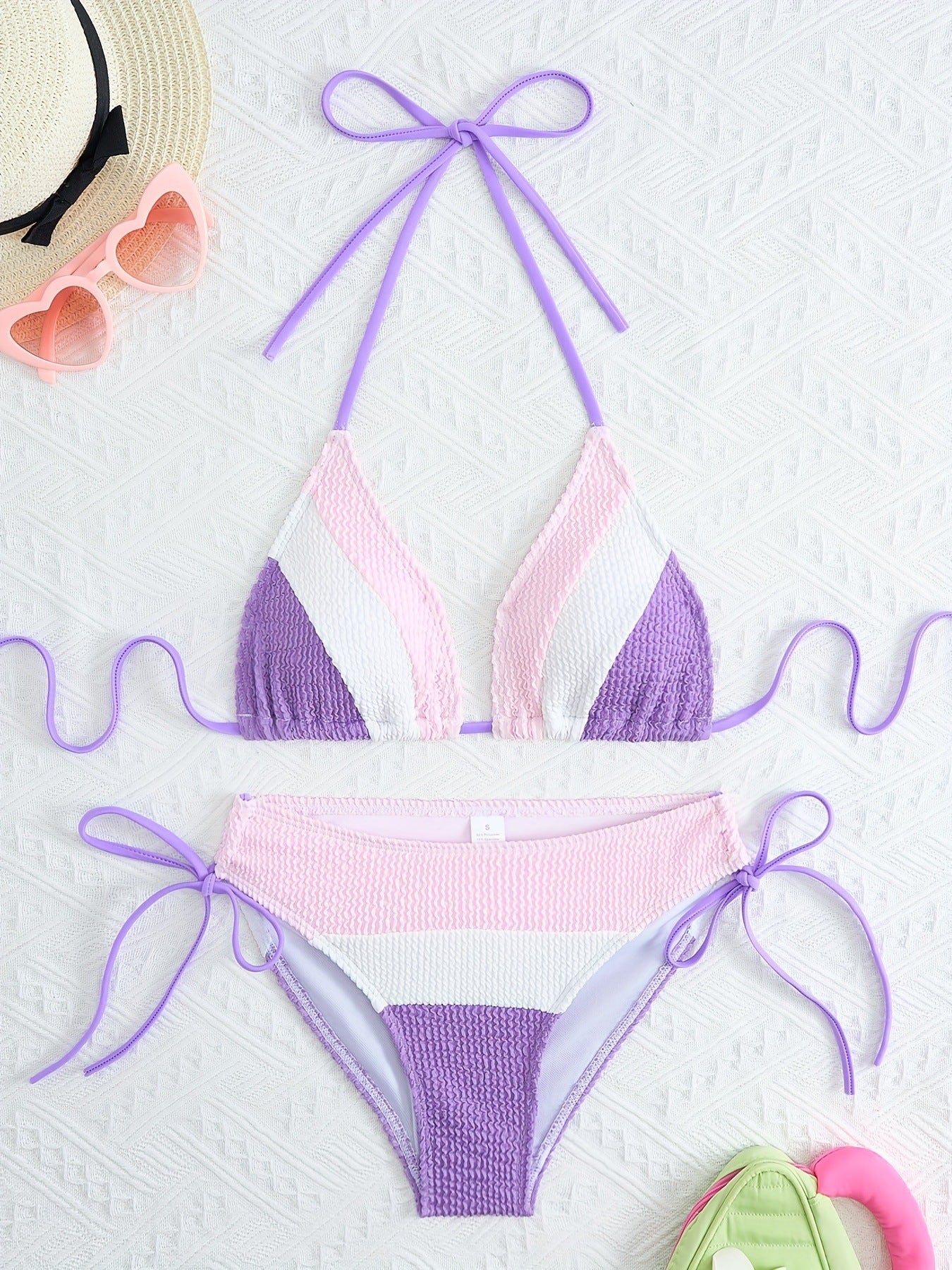 Women Seperated Swimwear Bikini Color Matching Drawstring Backless Sexy Swimsuit Bikini