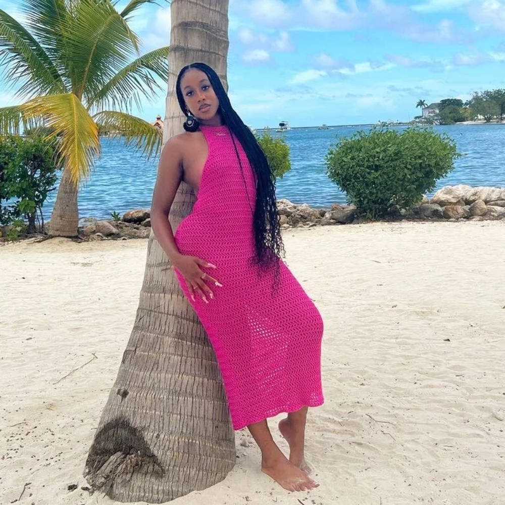 Halter Backless Maxi Dress Knitted Sleeveless Beach Bohemian Long Hollow Out Cutout Dress Women