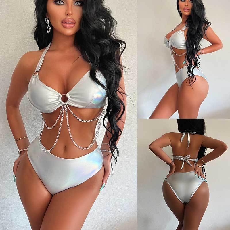Swimsuit Bronzing Fabric Metal Chain Laser Silver Performance Suit Backless Split Swimsuit Bikini