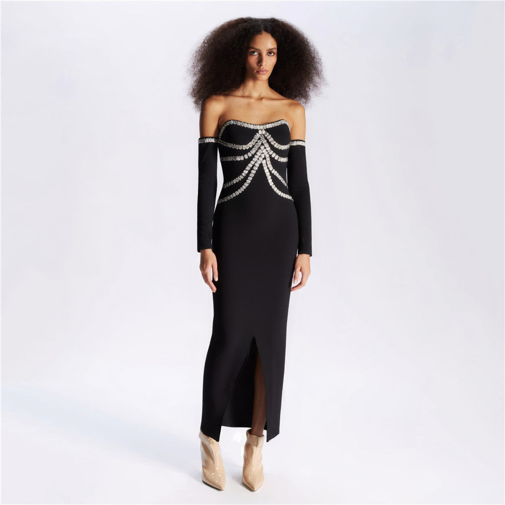 Heavy Industry Beads Rhinestone off-Shoulder Bandage One Piece Dress Party Dinner Tube Top Split Dress