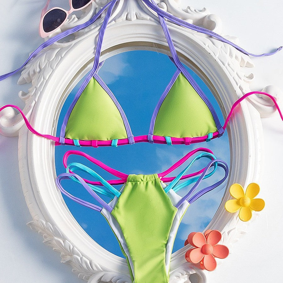 Split Two Piece Set Halter Colorful Ropes Strap Sexy Bikini Swimsuit for Women