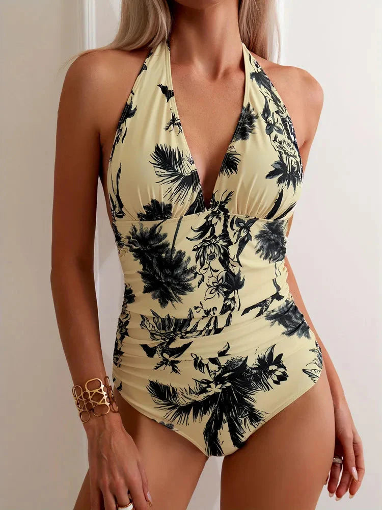 Ruched Halter Bikini One Piece Set