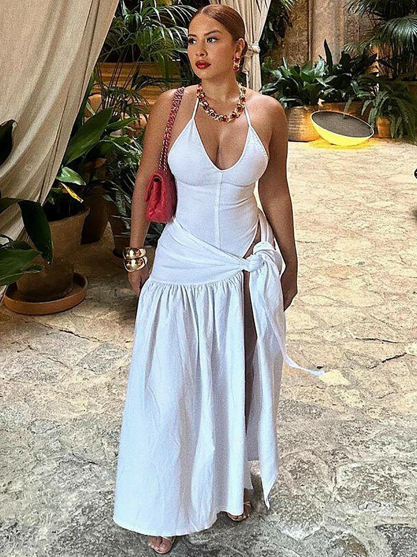 Slit Backless Bandage Maxi Dress Set