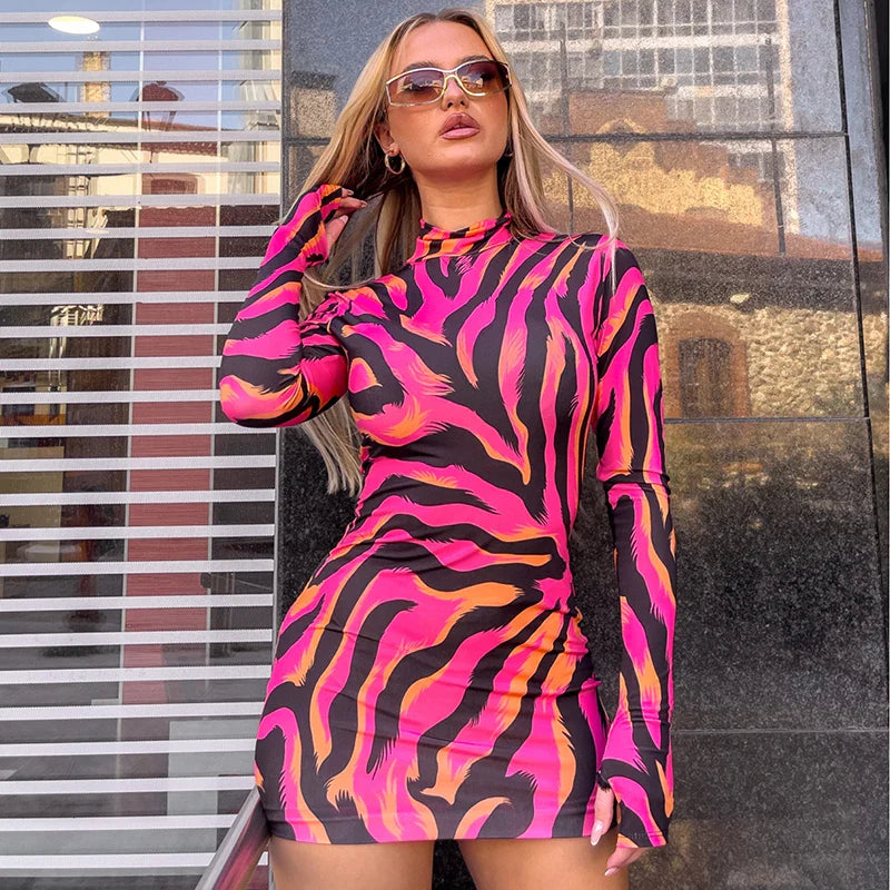 Zebra Print Long Sleeve Wrap Mini Dress