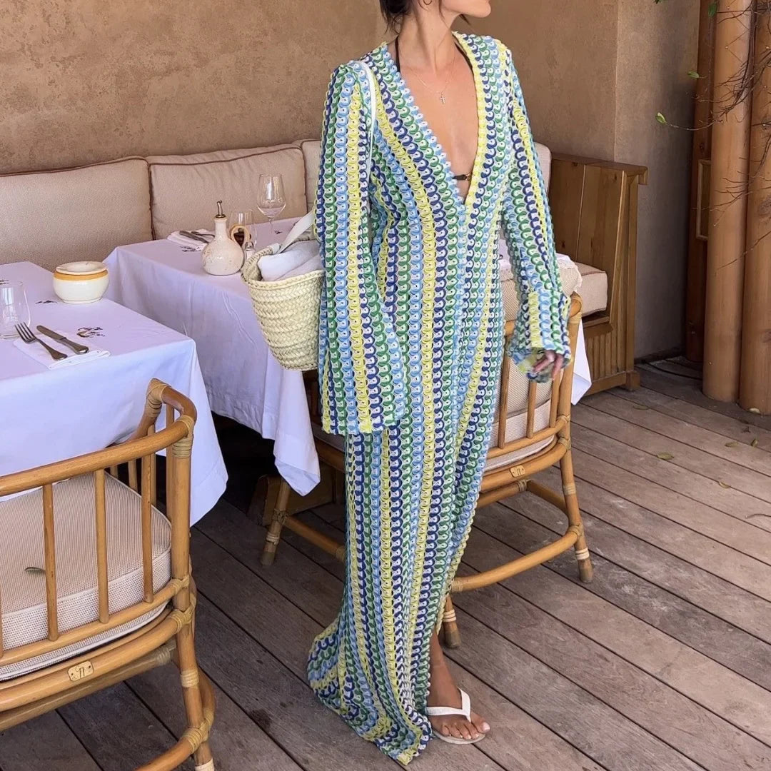 Crochet Stripe Flare Sleeve Maxi Dress