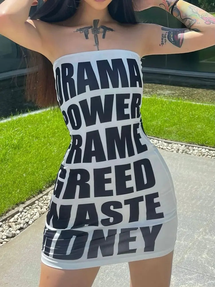 Letter Print Strapless Hip Club Mini Dress