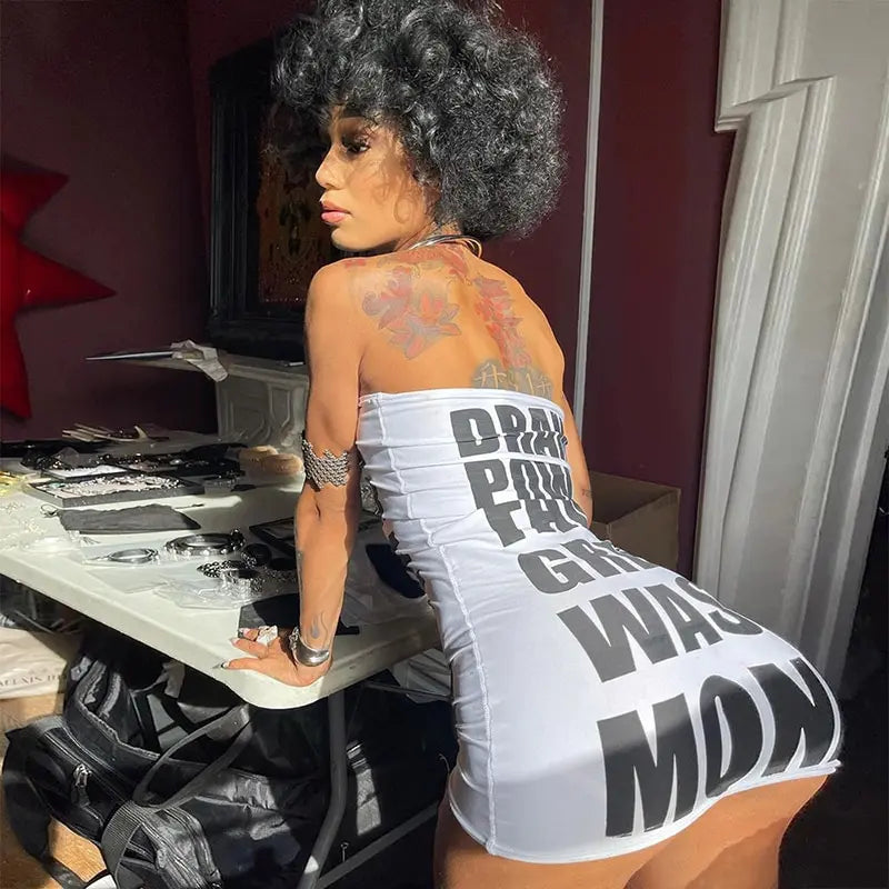 Letter Print Strapless Hip Club Mini Dress