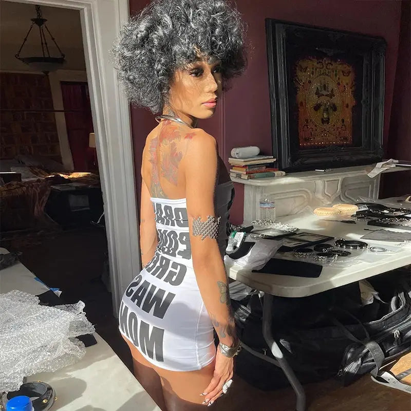 Letter Print Strapless Hip Club Mini Dress